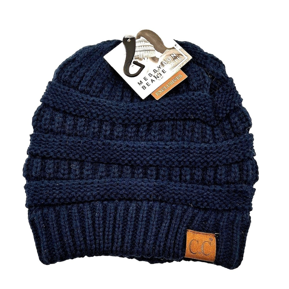 Cozy C.C Beanie Tail Messy Bun Beanie Women OS Navy Blue Cable Knit Ponytail Hat